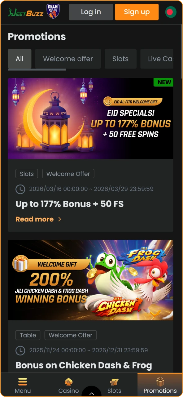 Jeetbuzz promotions and rewards page.